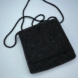 Carolyn Barton Black Beaded Fold Over Crossbody Evening Handbag Vintage Purse